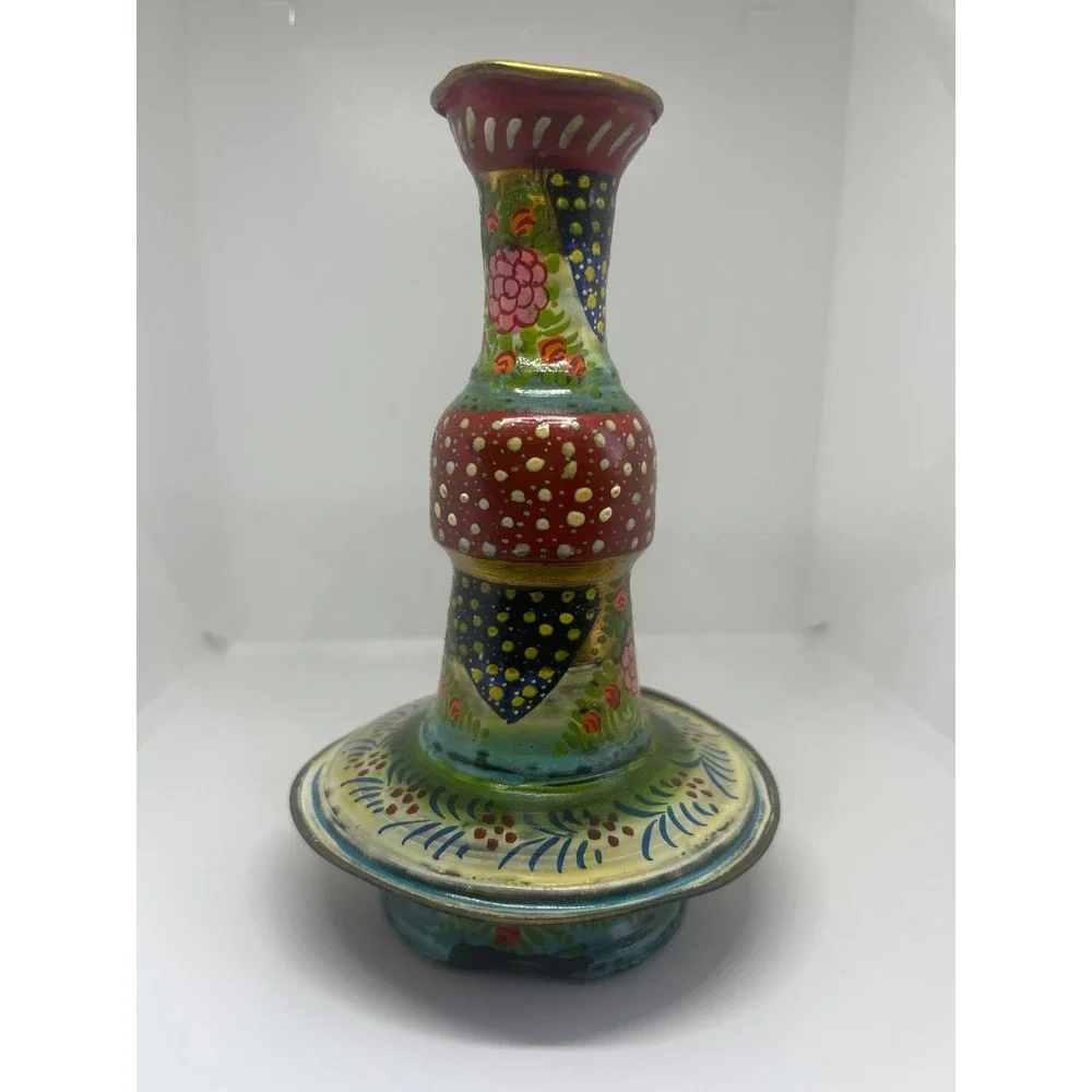 Vintage Hand Painted Metal Candle Holder Floral Folk Art Boho Decorative Taper